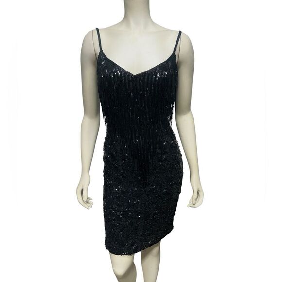 90’s Jacqueline Ferrar 100% Silk Beaded Fringe Black Dress Sleeveless Cocktail - Picture 2 of 16